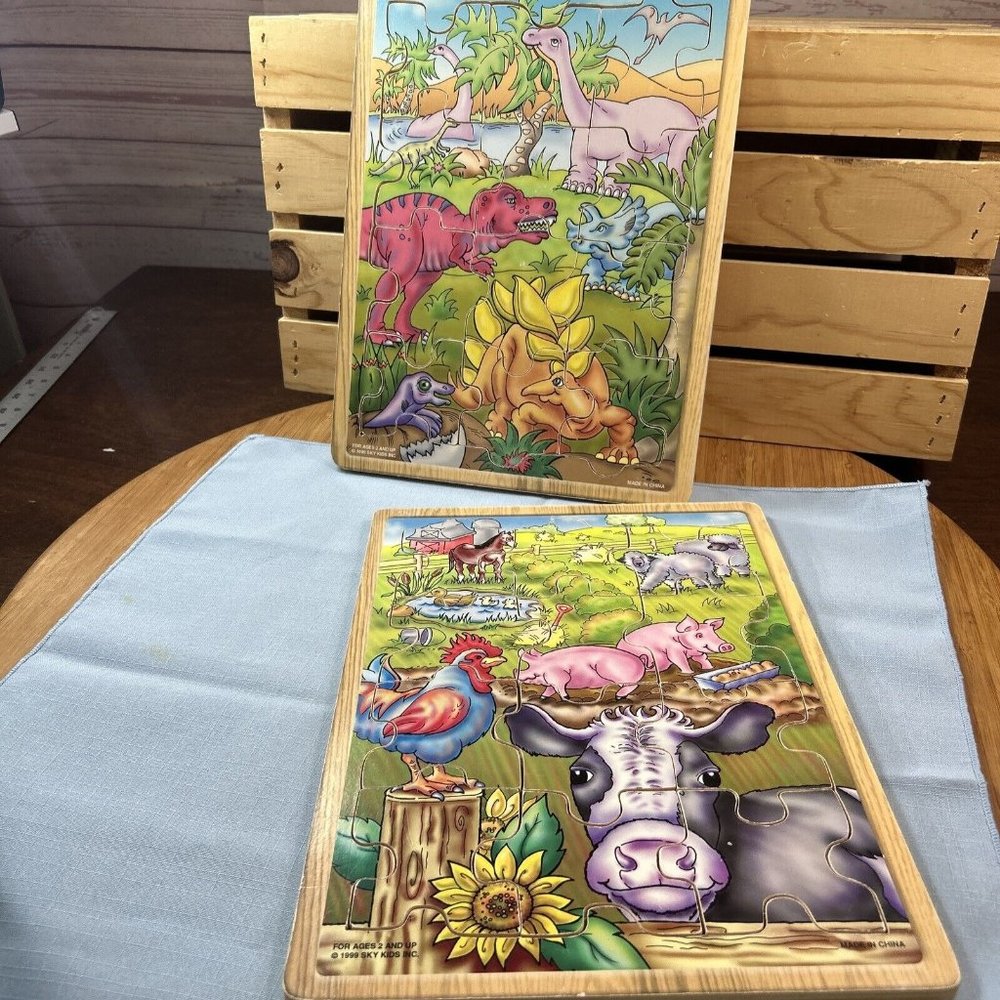 Lot of 2 Vintage Sky Kids Board Puzzles Dinosaurs and Farm Animals 1999